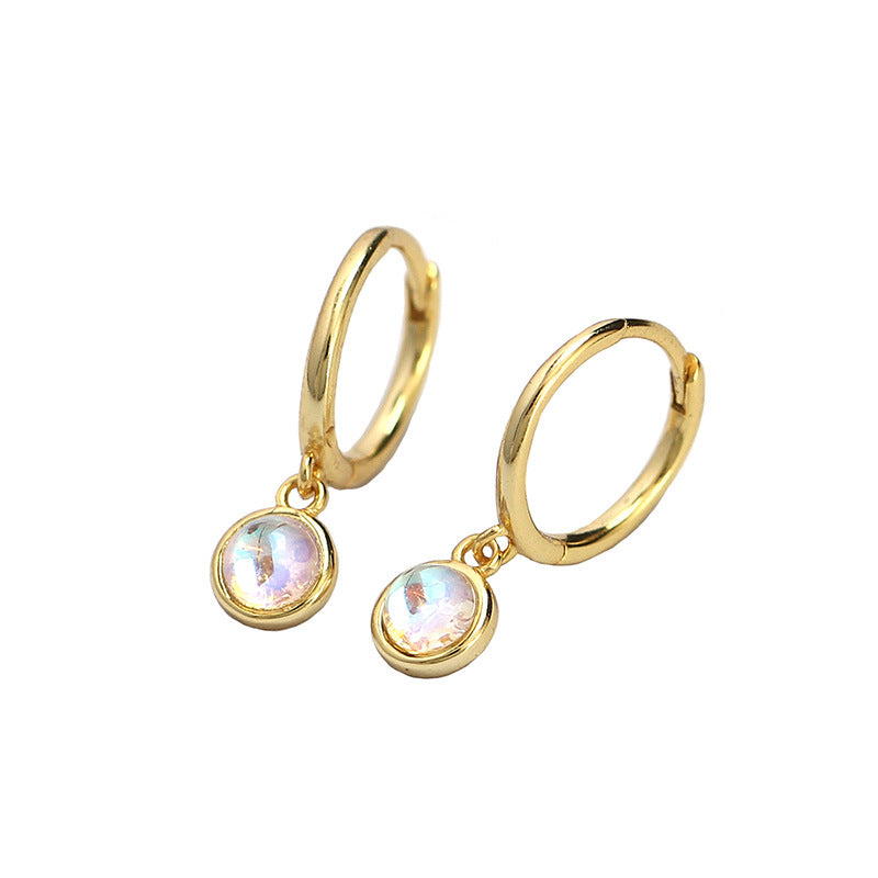 Simple Round Created Agate Moonstone Turquoise 925 Sterling Silver Hoop Earrings