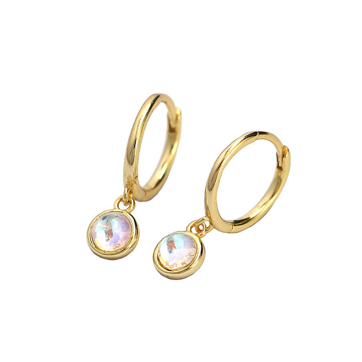 Simple Round Created Agate Moonstone Turquoise 925 Sterling Silver Hoop Earrings