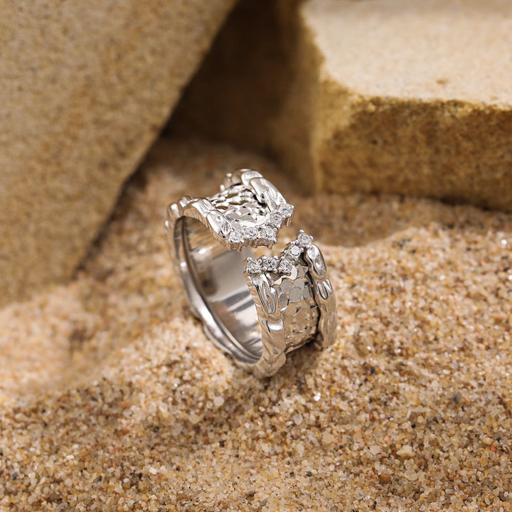 Modern Scale Pattern Irregular Border 925 Sterling Silver Wide Adjustable Ring