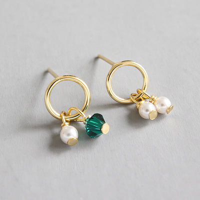 Asymmetry Shell Pearls Green CZ 925 Sterling Gold Stud Earrings