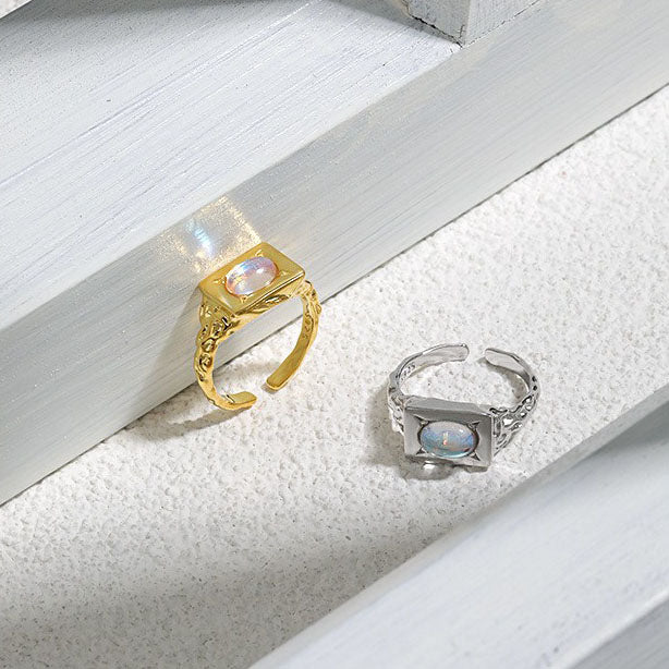 Modern Oval Created Moonstone Geometry Rectangle 925 Sterling Silver Adjustable Ring
