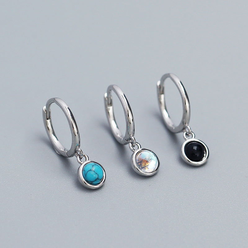 Simple Round Created Agate Moonstone Turquoise 925 Sterling Silver Hoop Earrings