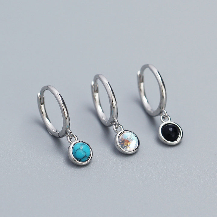 Simple Round Created Agate Moonstone Turquoise 925 Sterling Silver Hoop Earrings