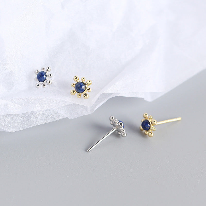 Geometry Blue Natural Lpis Lazuli Sun 925 Sterling Silver Stud Earrings