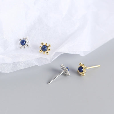 Geometry Blue Natural Lpis Lazuli Sun 925 Sterling Silver Stud Earrings