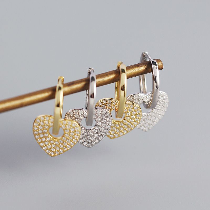 Women Micro Setting CZ Heart 925 Sterling Silver Hoop Earrings