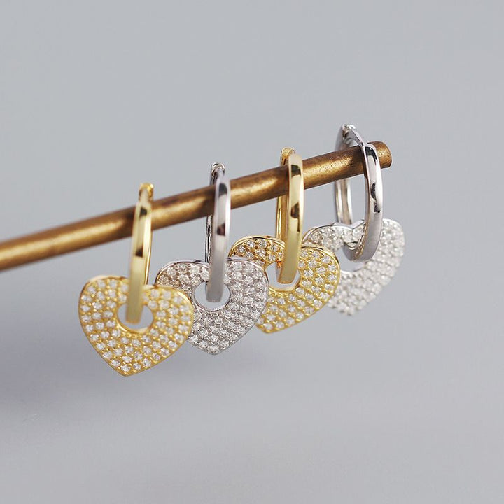 Women Micro Setting CZ Heart 925 Sterling Silver Hoop Earrings