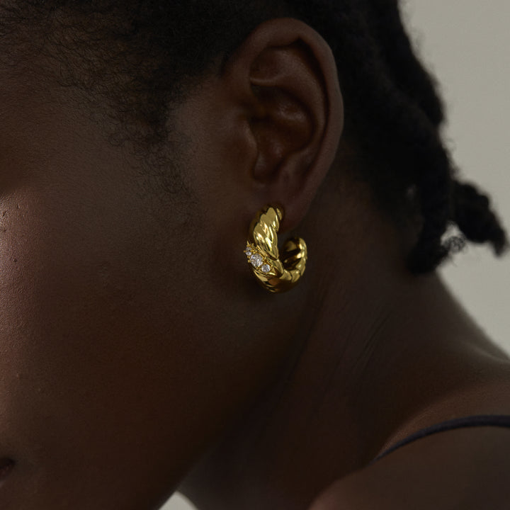 Fine Jewelry For Women Daily Wear Electroforming Elegant Lightweight 999 Pure Silver Irregular Three CZ Geometric U-shape Hoop Earrings