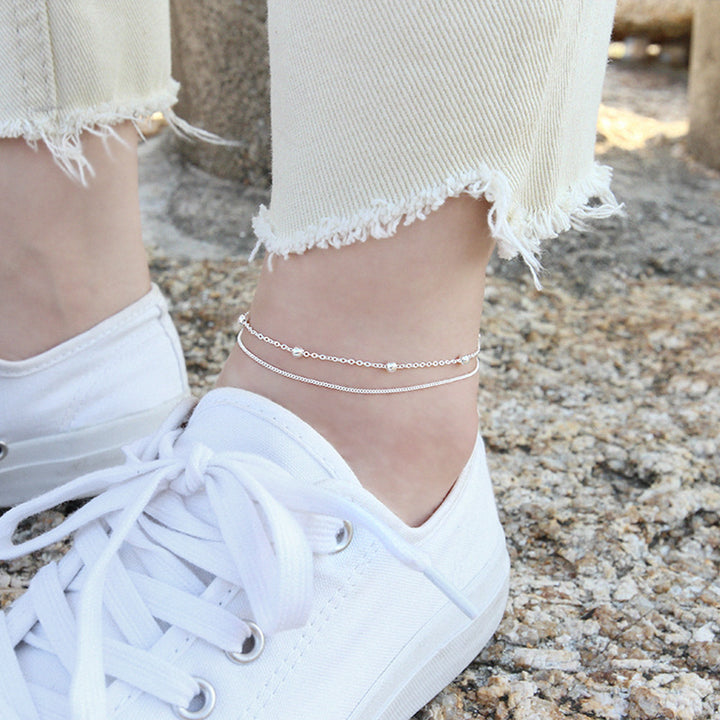 silver jewelry temperament, simple and versatile, with double layered bead chain S925 pure silver ankle chain decoration