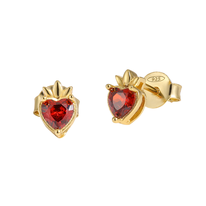 Beautiful Red CZ Heart Crown 925 Sterling Silver Stud Earrings