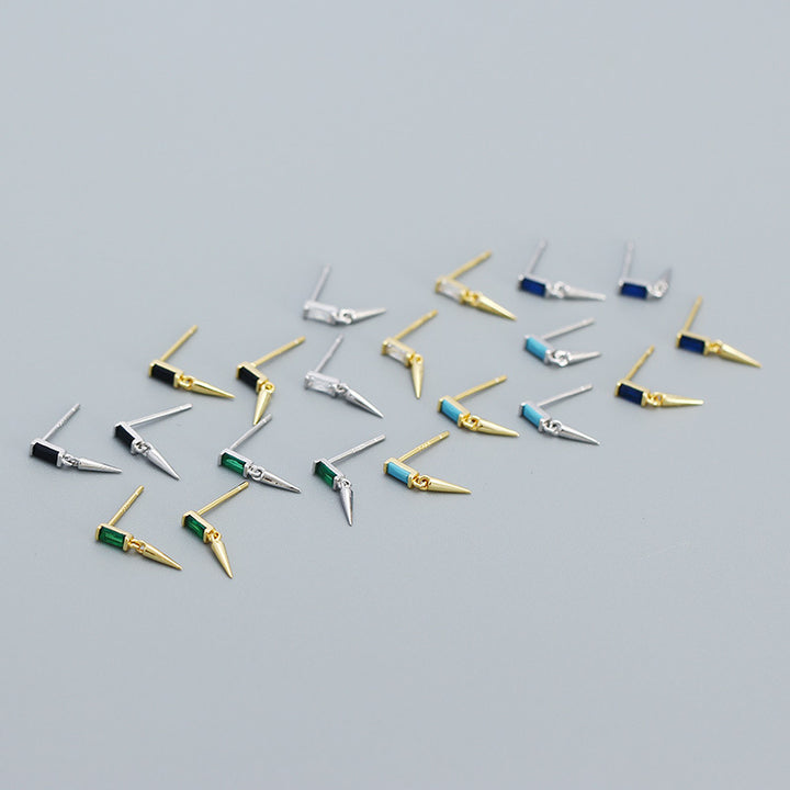 Fashion Punk Geometry Baguette CZ  Turquoise Rivet 925 Sterling Silver Stud Earrings