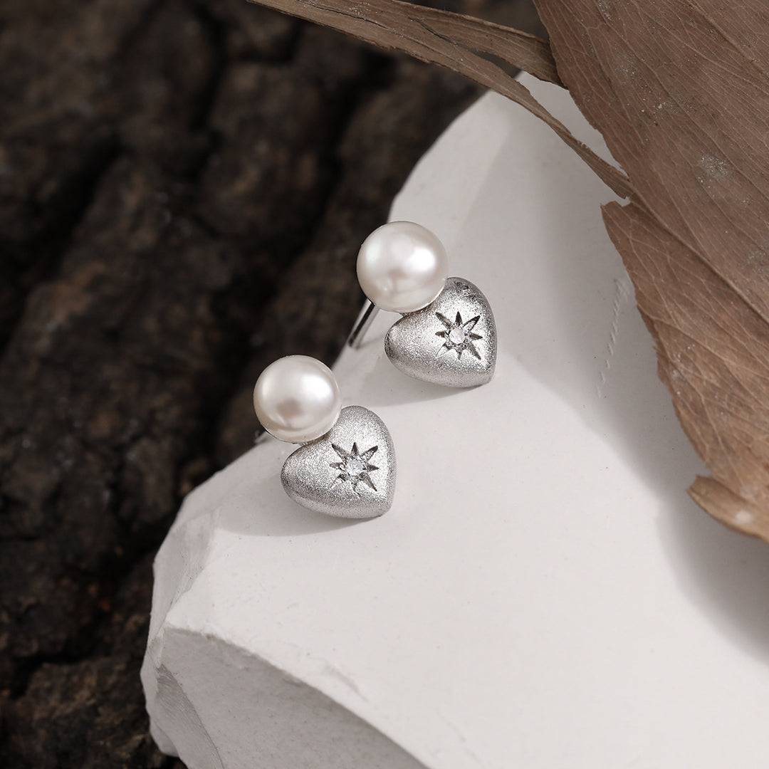 Bridesmaid Shell Pearls Star Heart 925 Sterling Silver Stud Earrings