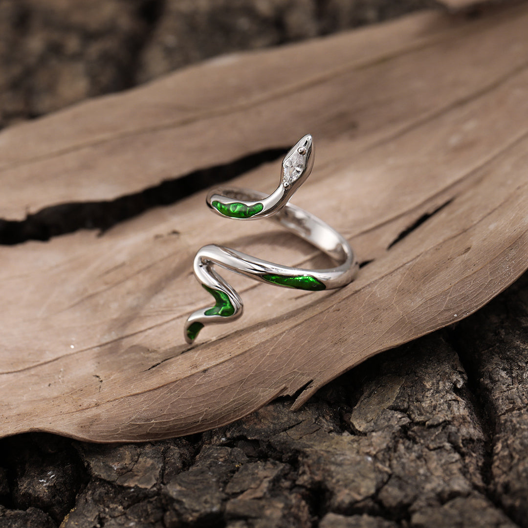 Fashion Animail Green Epoxy Snake 925 Sterling Silver Adjustable Ring