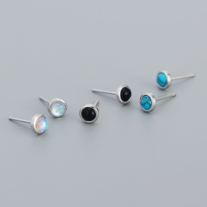 Simple Geometry Round Created Agate Moonstone Turquoise  925 Sterling Silver Stud Earrings