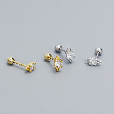 Simple Mini Round CZ Hexagonal Shape 925 Sterling Silver Stud Screw Earrings