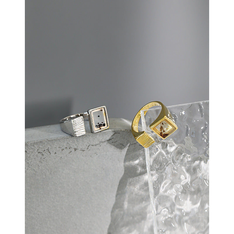 Men's Geometry Square Natural Agate 925 Sterling Silver Adjustable Ring