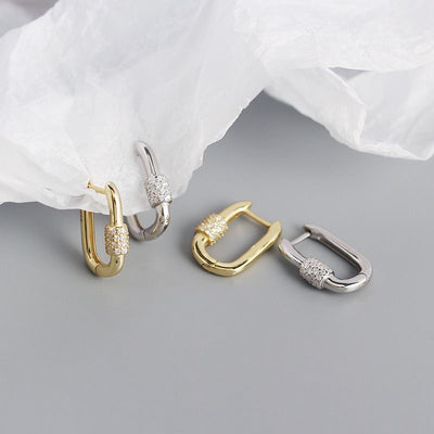 Geometry U Shape CZ Cylinder 925 Sterling Silver Hoop Earrings