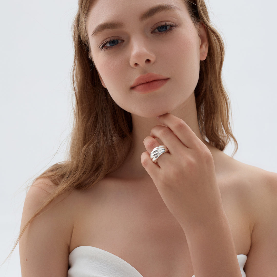 Bold Chunky Electroforming Light Exaggerated Jewelry Extra Large Simple Twill Pattern 999 Sterling Silver Wide Ring