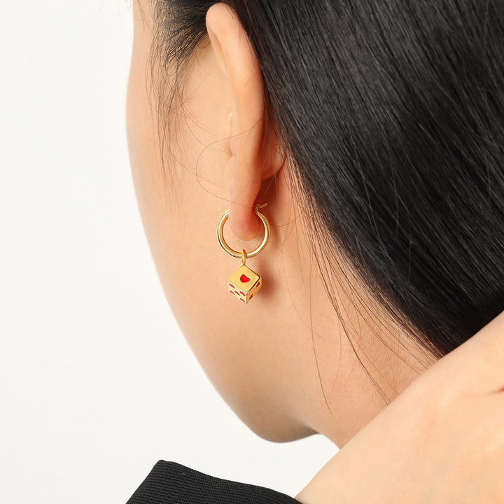 Women Fine Jewelry Trendy 925 Pure Silver Fashion Red Hearts Geometry Cubic Dice Dangling Earrings