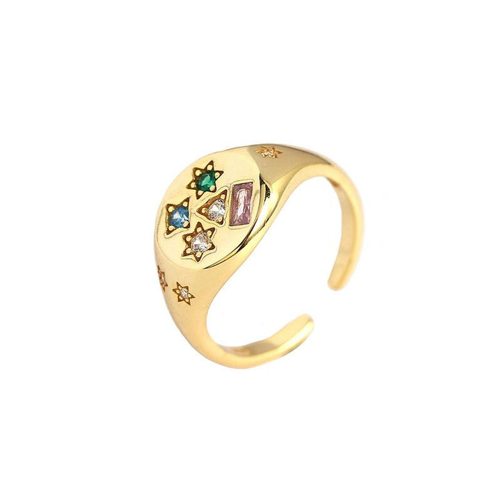 Geometry Colorful CZ Stars Rectangle 925 Sterling Silver Adjustable Ring