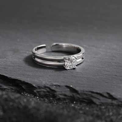 Simple Double Layers Four Claws Cubic Zirconia 925 Sterling Silver Adjustable Ring