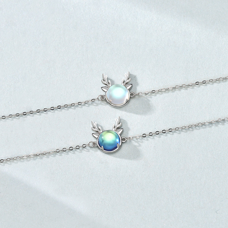 Holiday Natural Moonstone Elk Animal 925 Sterling Silver Bracelet