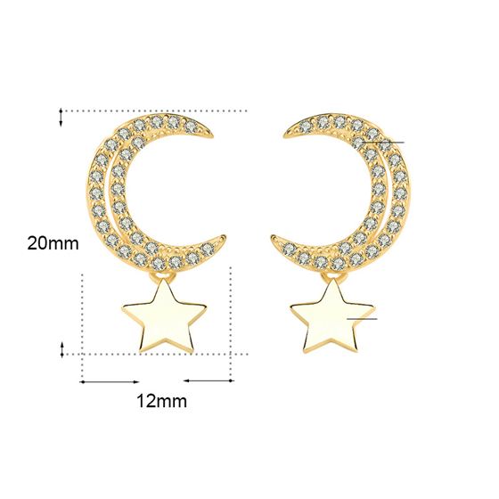 CZ Crescent Moon Stars Sweet 925 Sterling Gold Stud Earrings