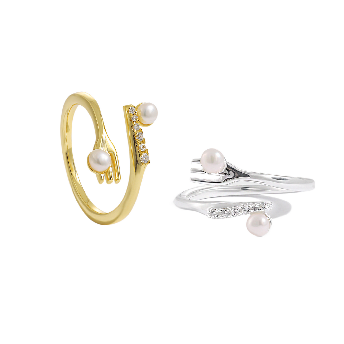 Fashion Round Natural Pearl Fork CZ Knife 925 Sterling Silver Adjustable Ring