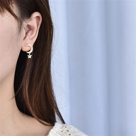 CZ Crescent Moon Stars Sweet 925 Sterling Gold Stud Earrings