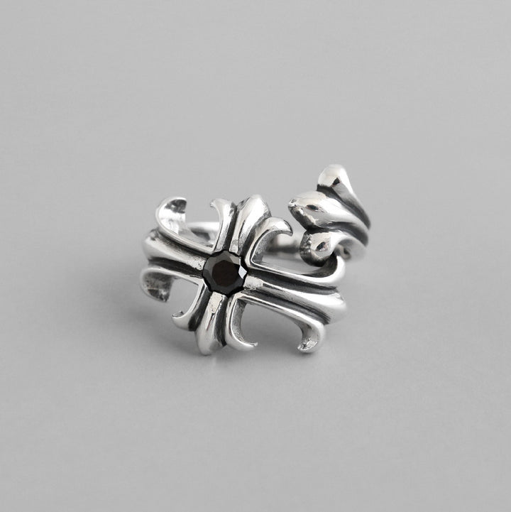 Vintage Black CZ Cross Flower 925 Sterling Silver Adjustable Ring