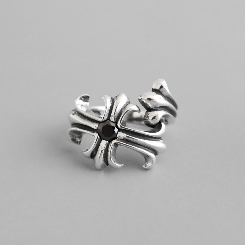 Vintage Black CZ Cross Flower 925 Sterling Silver Adjustable Ring