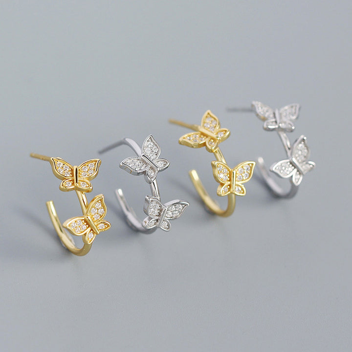 Girl Two Flying CZ Butterflies 925 Sterling Silver Stud Earrings