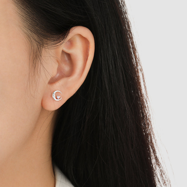 Fashion Pink Heart CZ Portrait Crescent Moon 925 Sterling Silver Stud Earrings