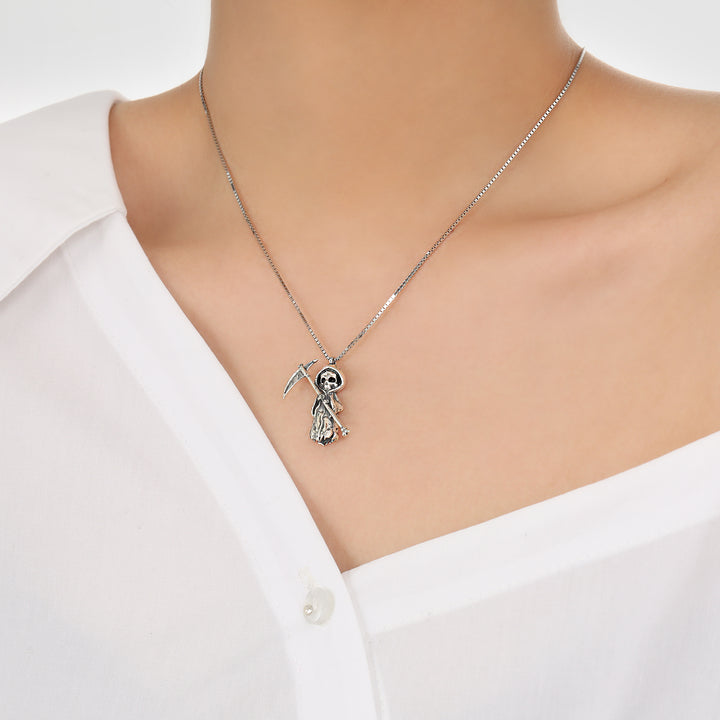 Vintage A Skeleton Holding A Sickle 925 Sterling Silver Necklace