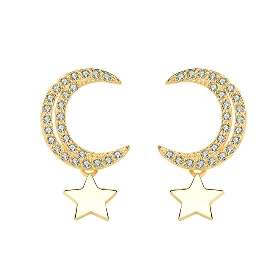 CZ Crescent Moon Stars Sweet 925 Sterling Gold Stud Earrings