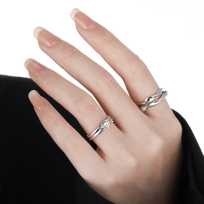 Simple Double Layers Four Claws Cubic Zirconia 925 Sterling Silver Adjustable Ring