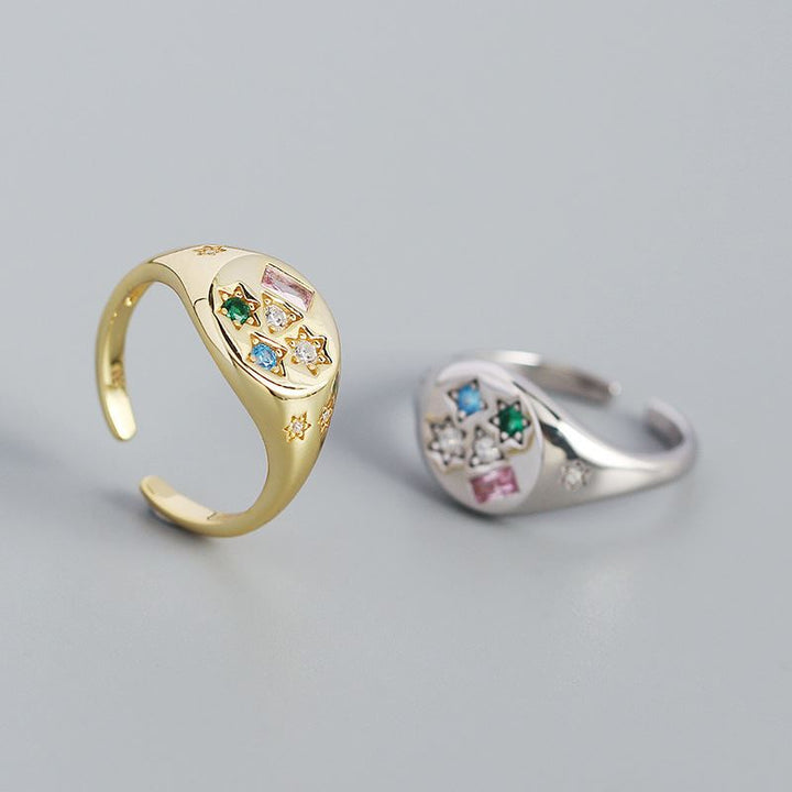 Geometry Colorful CZ Stars Rectangle 925 Sterling Silver Adjustable Ring