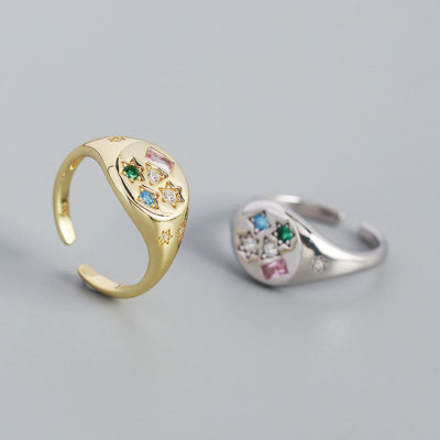Geometry Colorful CZ Stars Rectangle 925 Sterling Silver Adjustable Ring