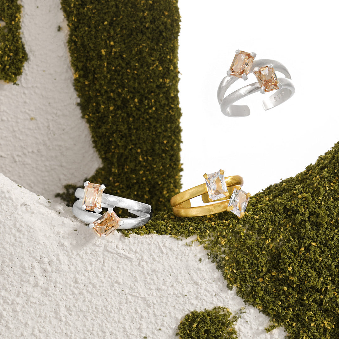 Geometry Double Layers Baguette CZ 925 Sterling Silver Adjustable Ring