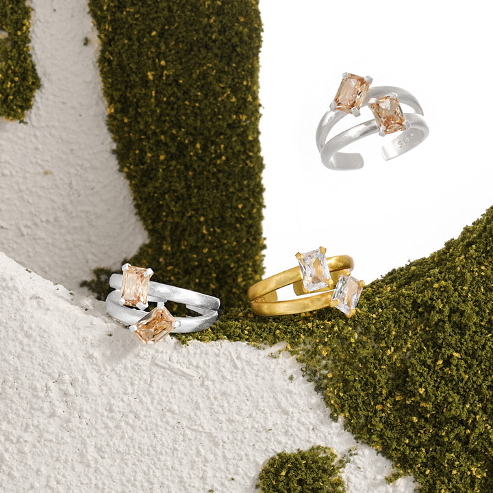 Geometry Double Layers Baguette CZ 925 Sterling Silver Adjustable Ring