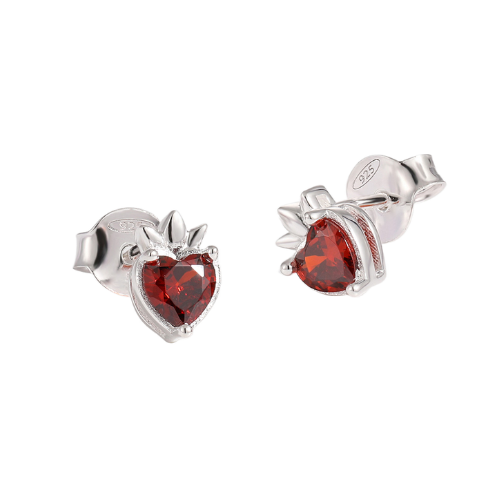 Beautiful Red CZ Heart Crown 925 Sterling Silver Stud Earrings