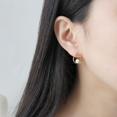 Geometric Round Shell Pearl 925 Sterling Gold Studs Earrings