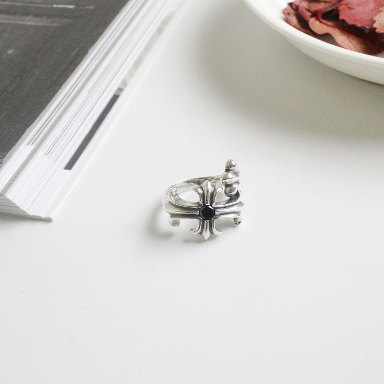Vintage Black CZ Cross Flower 925 Sterling Silver Adjustable Ring