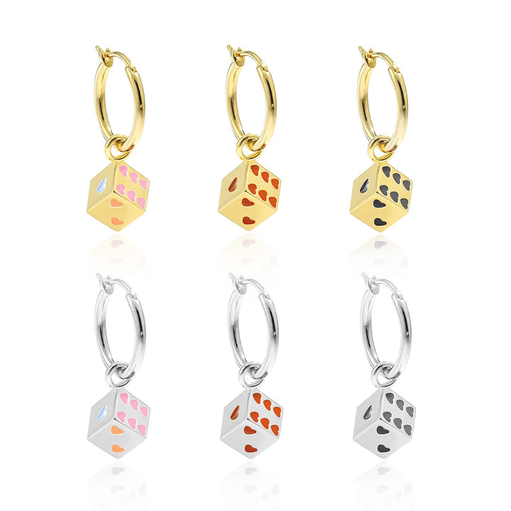 Women Fine Jewelry Trendy 925 Pure Silver Fashion Red Hearts Geometry Cubic Dice Dangling Earrings