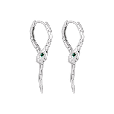 Modern Animal Gree CZ Eye Snake 925 Sterling Silver Leverback Dangling Earrings