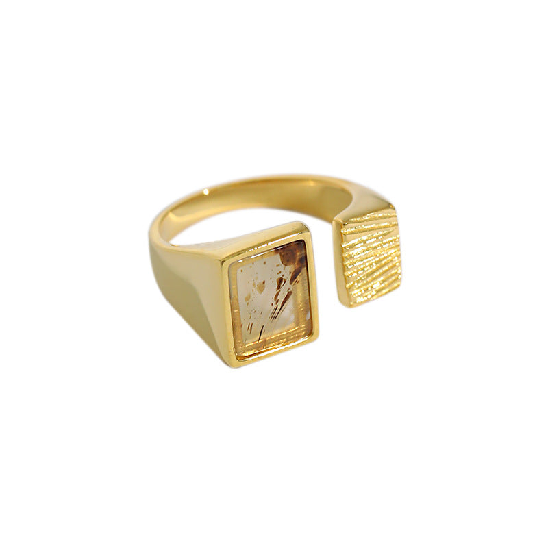 Men's Geometry Square Natural Agate 925 Sterling Silver Adjustable Ring