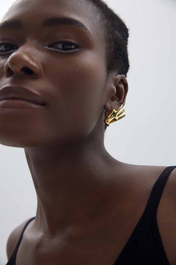 Fine Jewelry Holiday Yellow Gold Plated OK Hand S999 Sterling Silver Electroforming Hollow Light Exaggerated Earrings