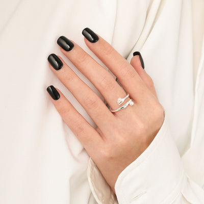 Fashion Round Natural Pearl Fork CZ Knife 925 Sterling Silver Adjustable Ring
