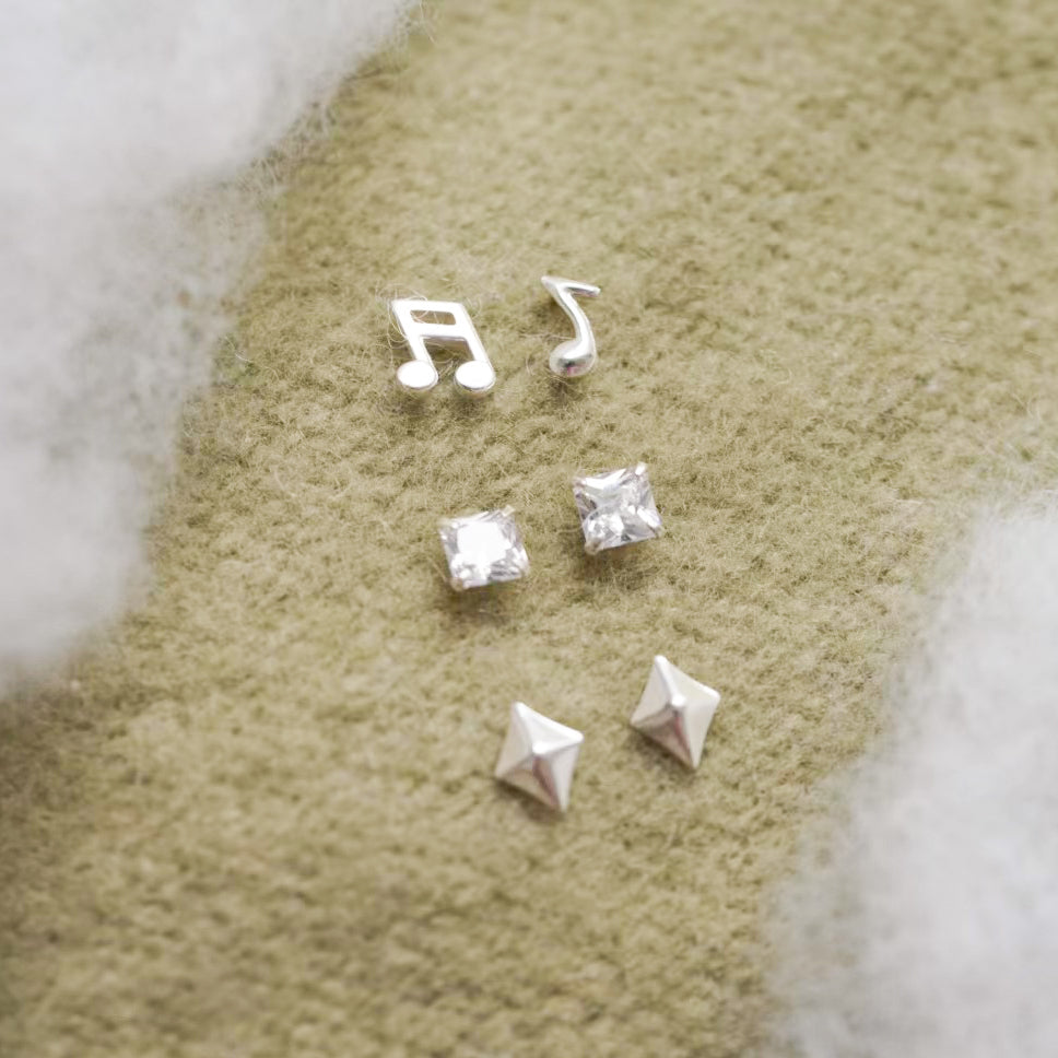 Geometry Rhombus Square Asymmetry Music Note 925 Sterling Silver Stud Earrings