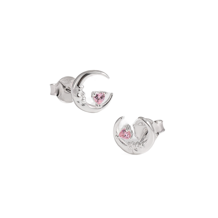 Fashion Pink Heart CZ Portrait Crescent Moon 925 Sterling Silver Stud Earrings